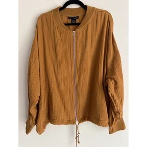 Ashley Stewart Mustard Cotton Gauze Bomber Jacket Plus Size 22/24 Zip Drawstring